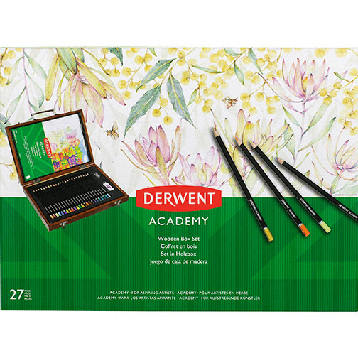 Derwent 24 Academy Coloured Pencils Set + Paper Pad Sharpener Eraser Wooden Box Set 2300153 - SuperOffice