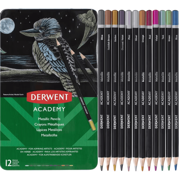 Derwent Academy Metallic Coloured Pencils Tin 12 Set 2301939 - SuperOffice