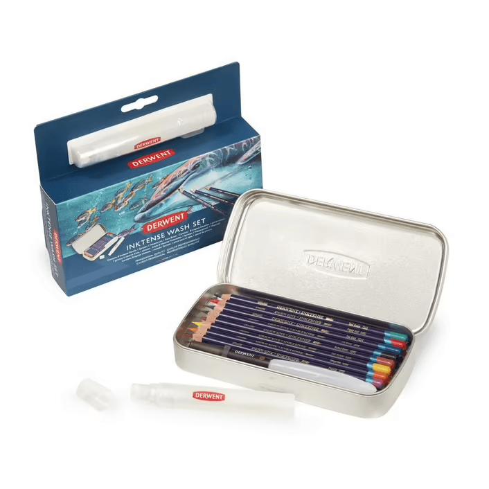 Derwent Inktense Wash Tin Set Coloured Pencils Spritzer WaterBrush Paint Brush 2302584 - SuperOffice