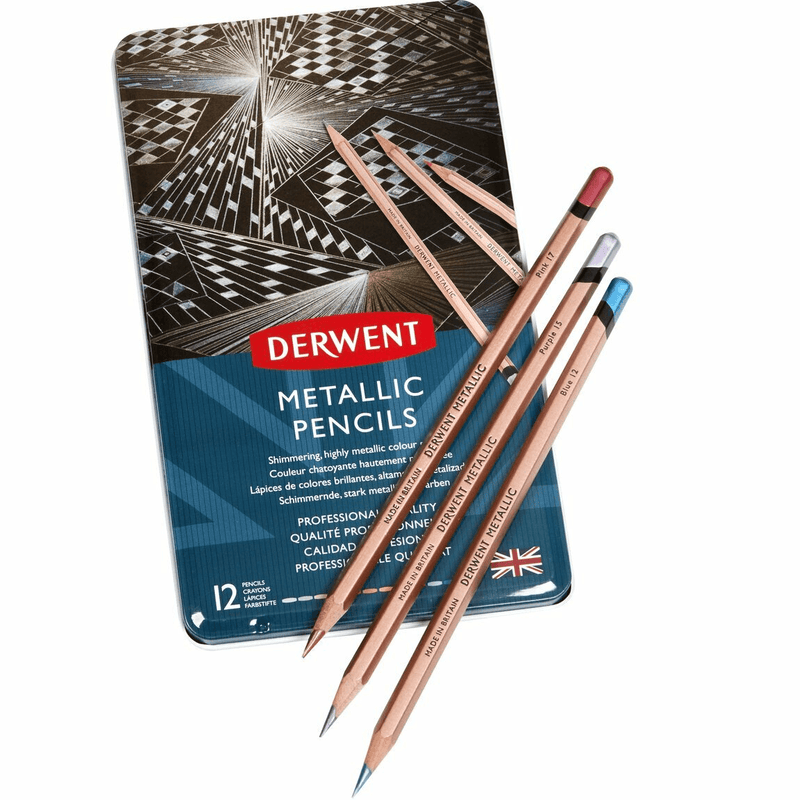 Derwent Metallic Coloured Pencils Tin 12 Set Artists 2305599 - SuperOffice