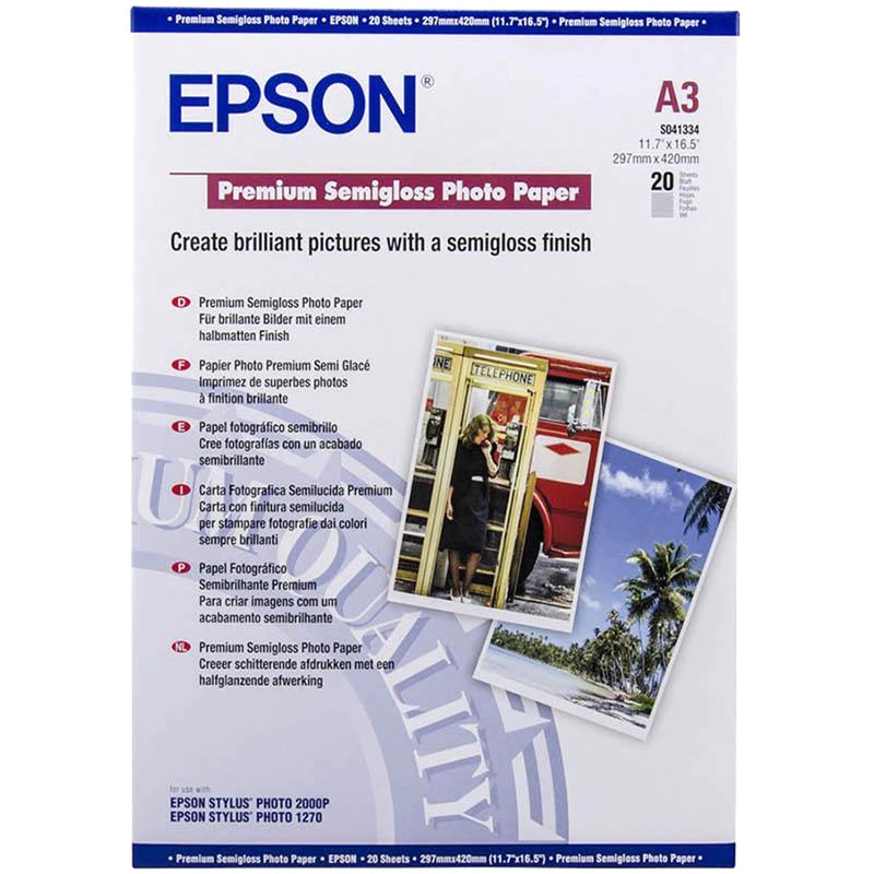 Epson S041334 Premium Semigloss Photo Paper 250Gsm A3 White Pack 20