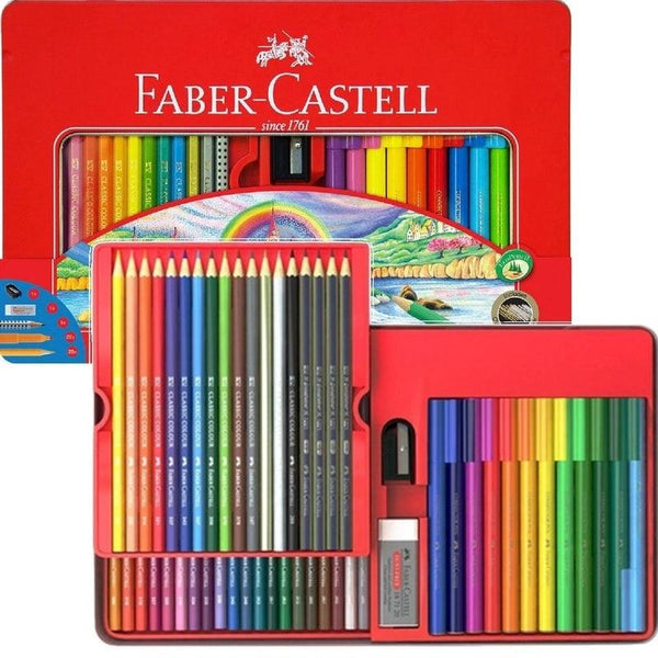 Faber-Castell 64 Pack Classic Coloured Pencils + Connector Marker Pens Tin Set Eraser Sharpener 63-115881 - SuperOffice