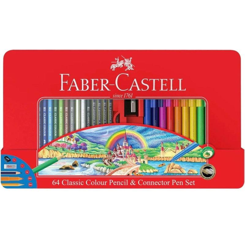 Faber-Castell 64 Pack Classic Coloured Pencils + Connector Marker Pens Tin Set Eraser Sharpener 63-115881 - SuperOffice