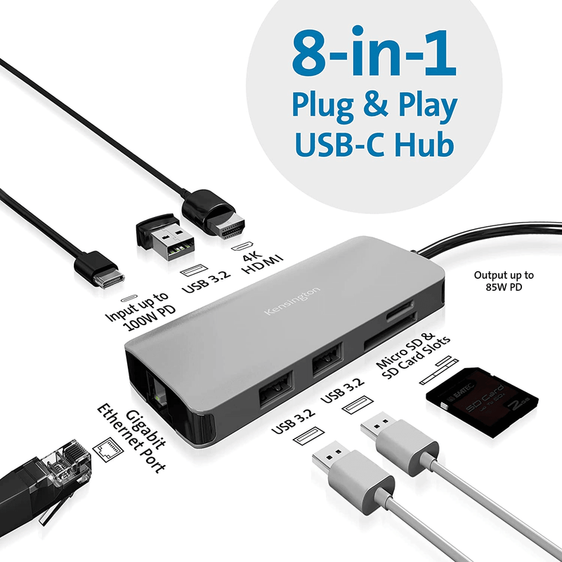 Kensington UH1400P USB-C 8-in-1 Driverless Laptop Dock Universal 8 Ports 85W Power Pass-Through K33820WW - SuperOffice