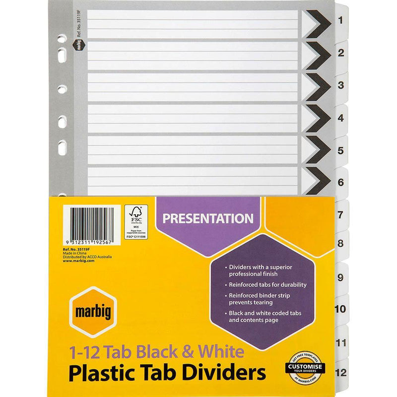 Marbig Divider 12-Tab A4 Black/White 35119F - SuperOffice