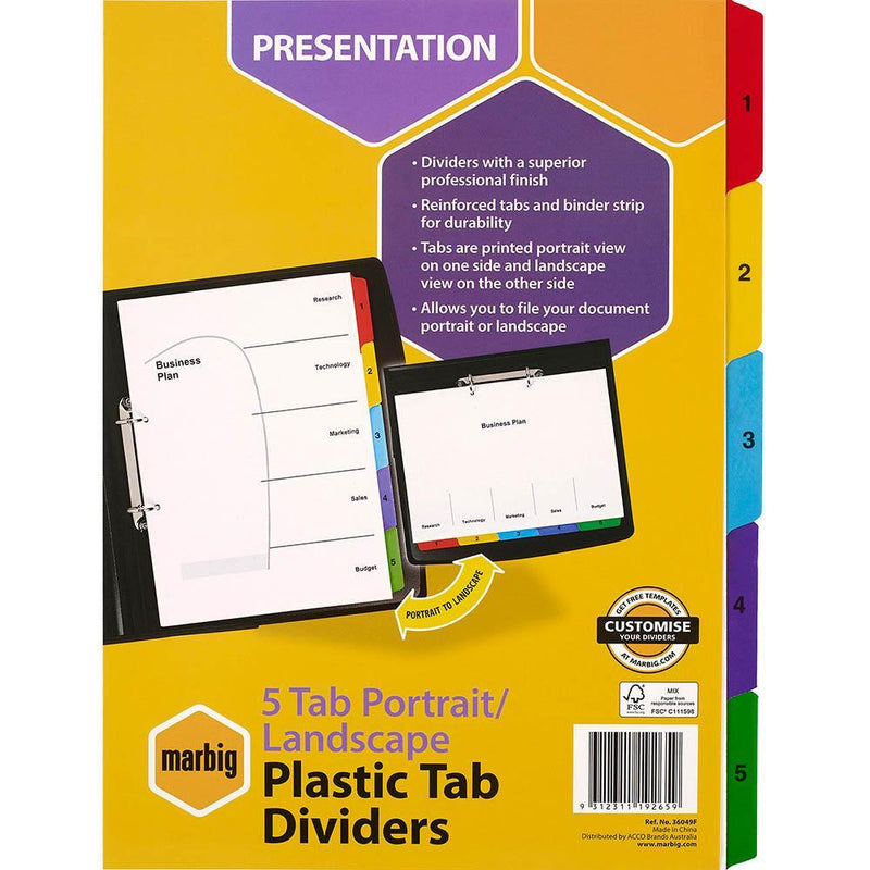 Marbig Divider 5-Tab A4 Portrait/Landscape Assorted 36049F - SuperOffice