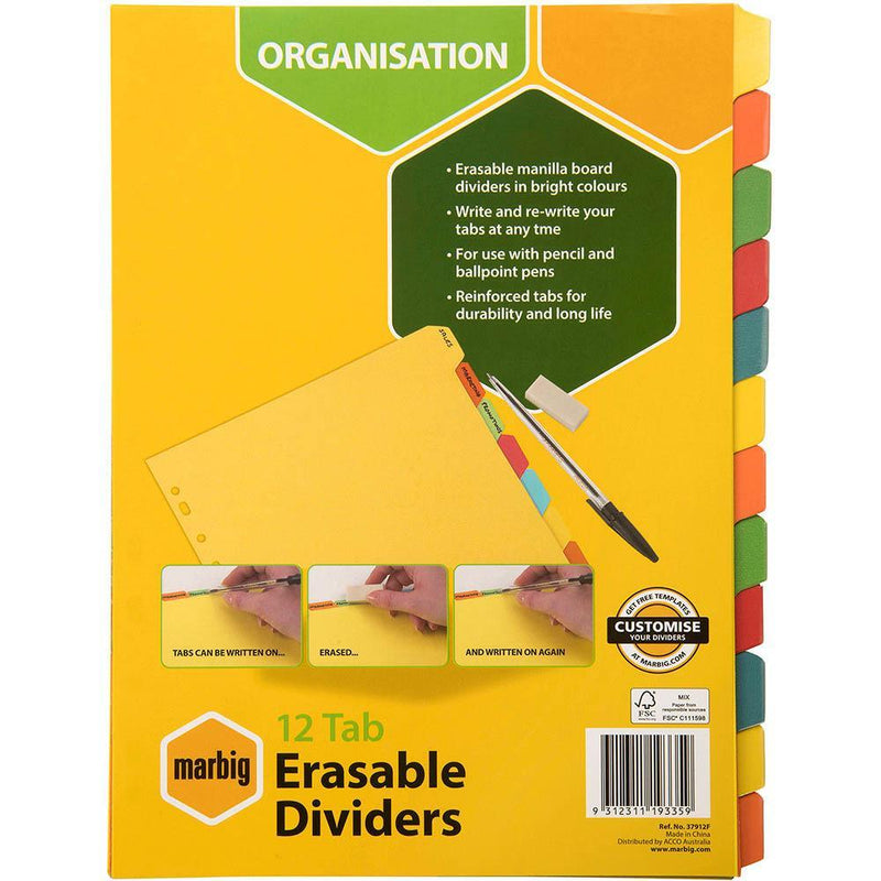 Marbig Divider Erasable Manilla 12-Tab A4 Assorted 37912F - SuperOffice