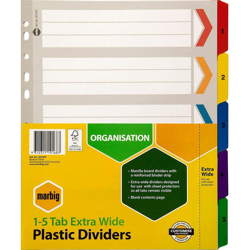 Marbig Divider Extra Wide Manilla 5-Tab A4 Assorted 36150F - SuperOffice