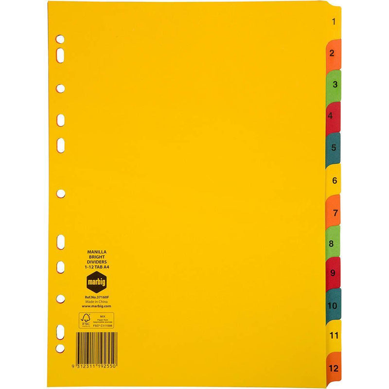 Marbig Divider Manilla 12-Tab A4 Bright Assorted 37160F - SuperOffice