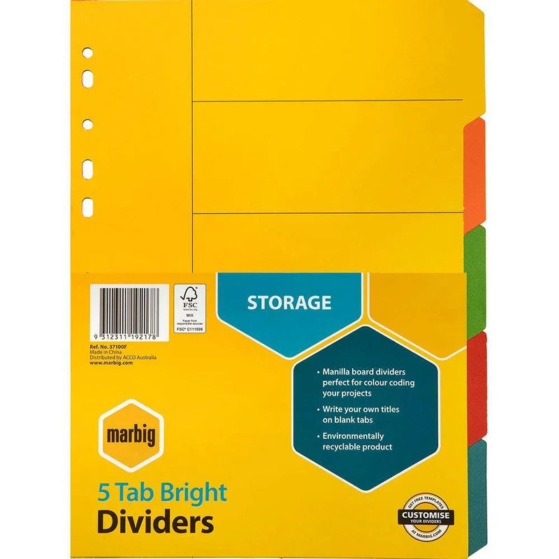 Marbig Divider Manilla 5-Tab A4 Bright Assorted 100 Sets Pack 37100F (100 Pack) - SuperOffice