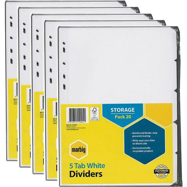 Marbig Divider Manilla 5-Tab A4 White Pack 100 Bulk 37320F (5 Pack Total 100 Sheets) - SuperOffice