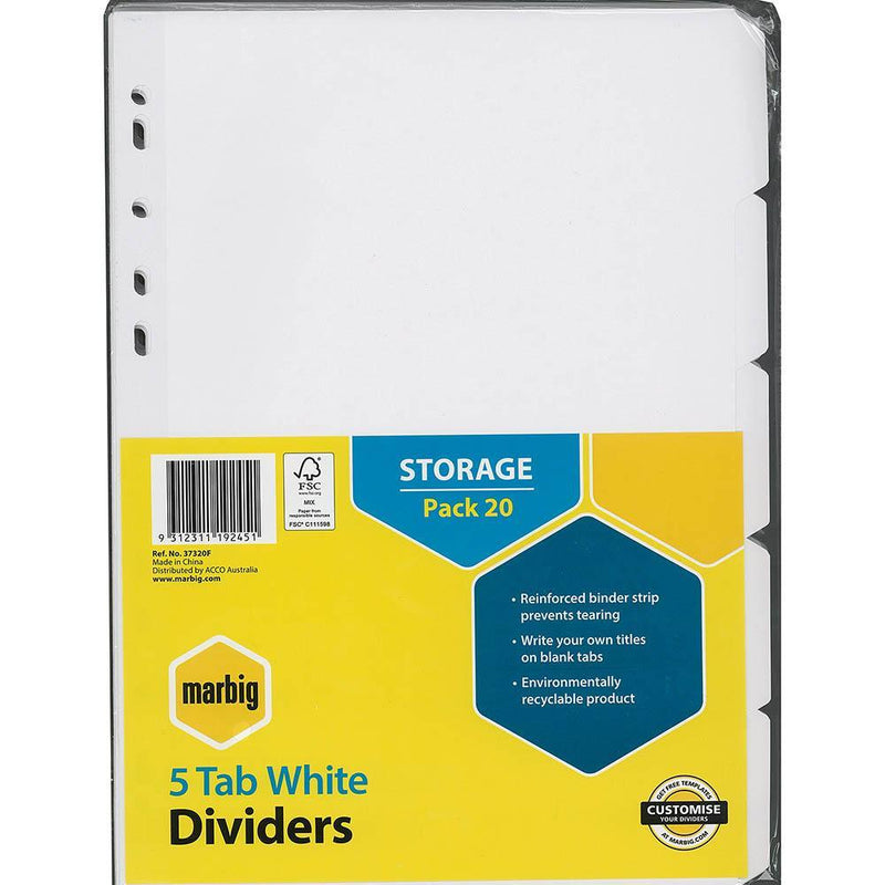 Marbig Divider Manilla 5-Tab A4 White Pack 20 Bulk 37320F - SuperOffice