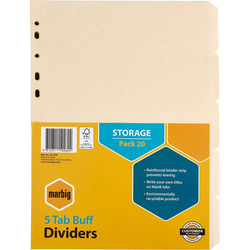 Marbig Divider Manilla 5-Tab Storage A4 Buff Pack 20 37720F - SuperOffice