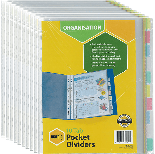 Marbig Divider Pocket PP 10-Tab A4 Assorted Colours 10 Pack 35081 (10 Pack) - SuperOffice