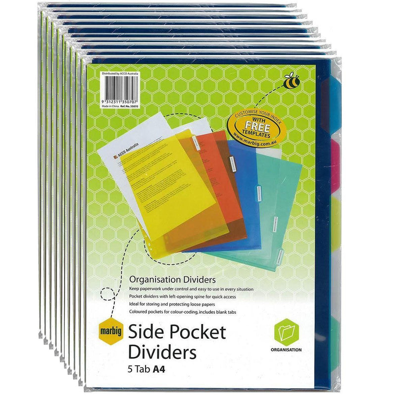 Marbig Divider Side Pocket Pp 5-Tab A4 Assorted Pack of 10 35070 (Pack 10) - SuperOffice