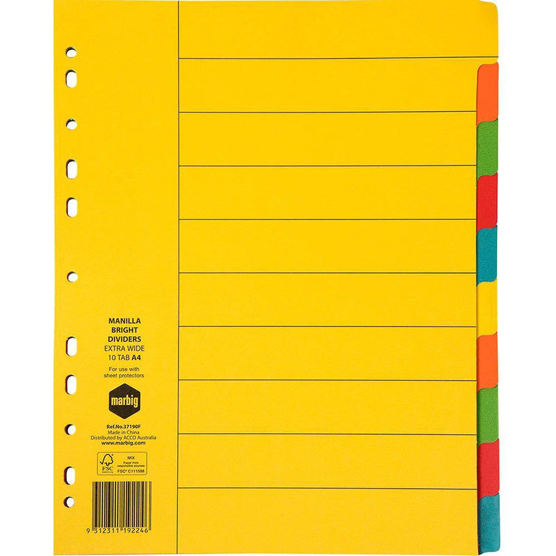 Marbig Extra Wide Divider Manilla 10-Tab A4 Bright Assorted 37190F - SuperOffice