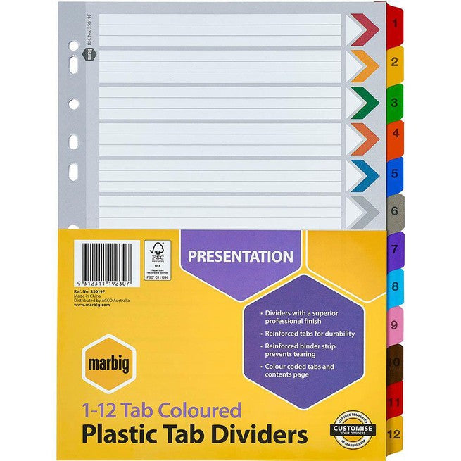 Marbig Index Divider Manilla 1-12 Tab A4 Assorted 35019F - SuperOffice