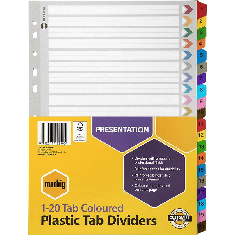 Marbig Index Divider Manilla 1-20 Tab A4 Assorted 35023F - SuperOffice