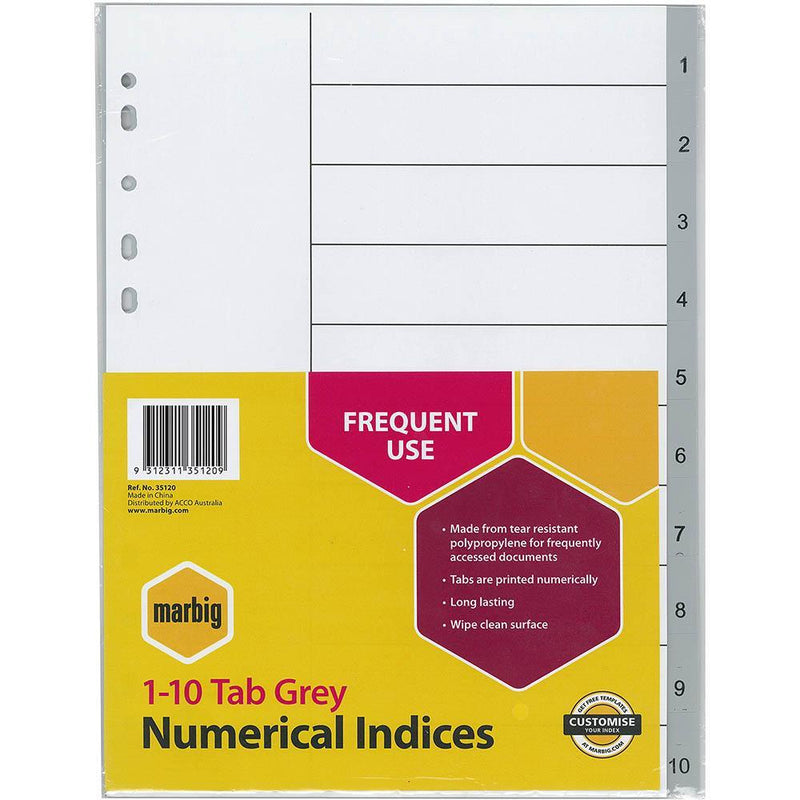 Marbig Index Divider Pp 1-10 Tab A4 Grey 35120 - SuperOffice