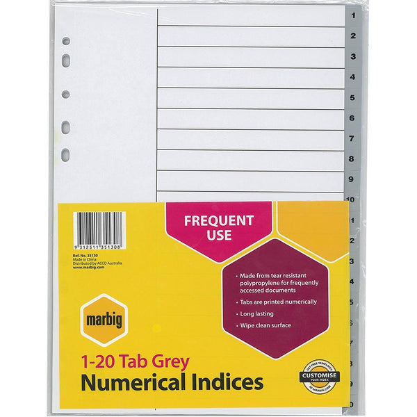 Marbig Index Divider Pp 1-20 Tab A4 Grey 35130 - SuperOffice