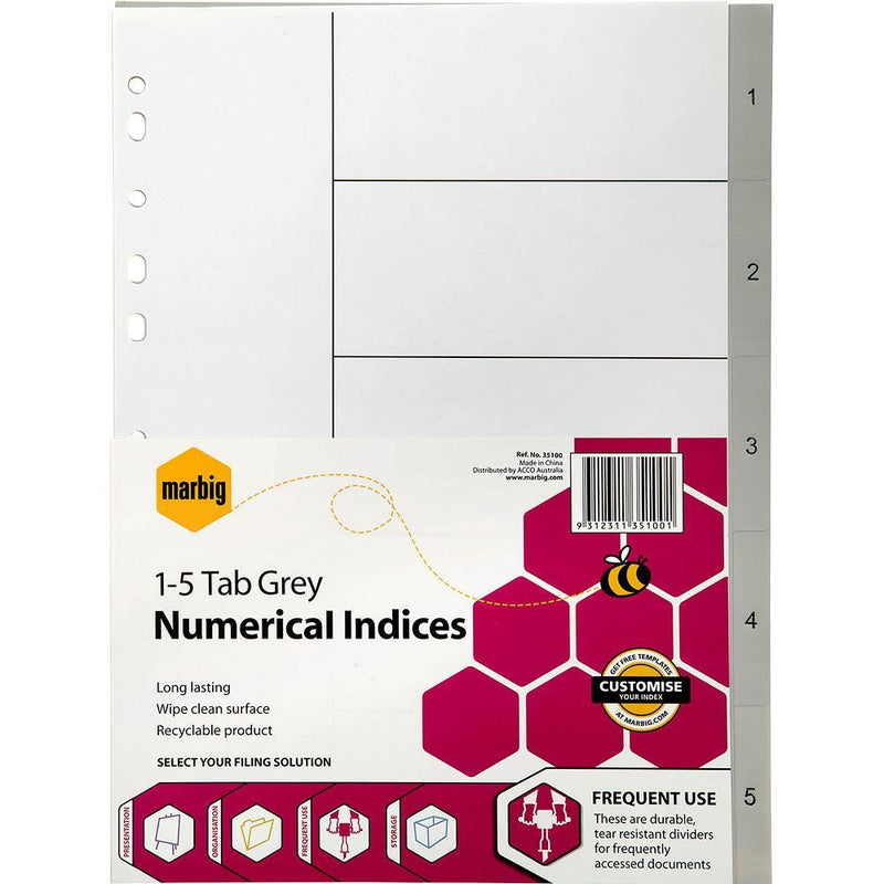 Marbig Index Divider Pp 1-5 Tab A4 Grey 35100 - SuperOffice