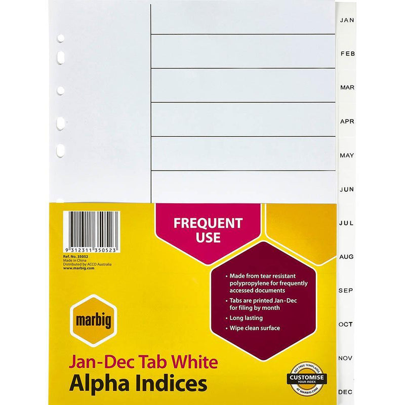 Marbig Index Divider Pp Jan-Dec Tab A4 White 35052 - SuperOffice