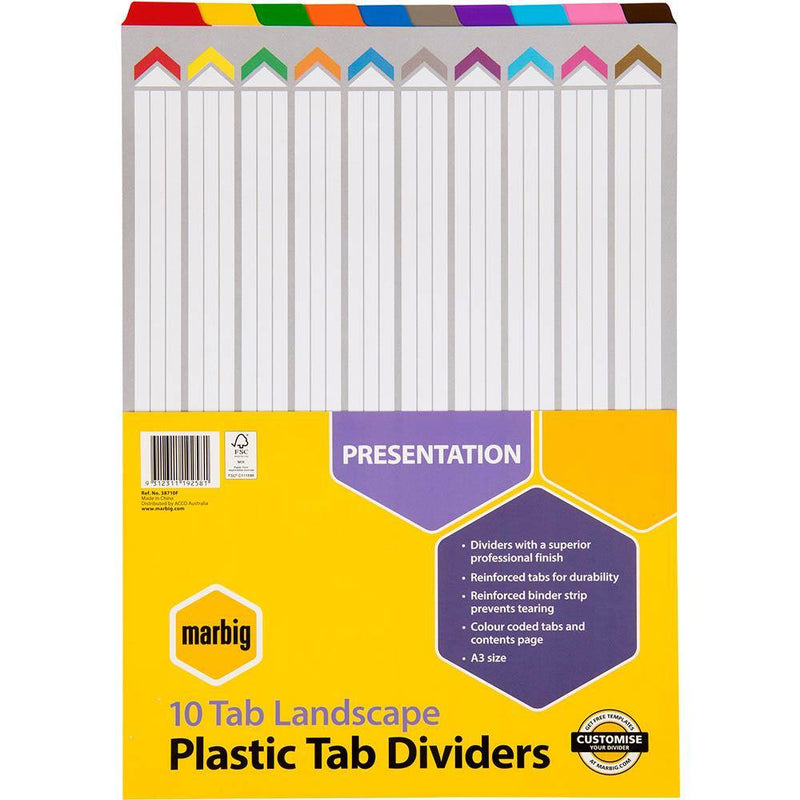 Marbig Tab Dividers Landscape A3 Manilla Board 10-Tab Assorted Colours 38710F - SuperOffice