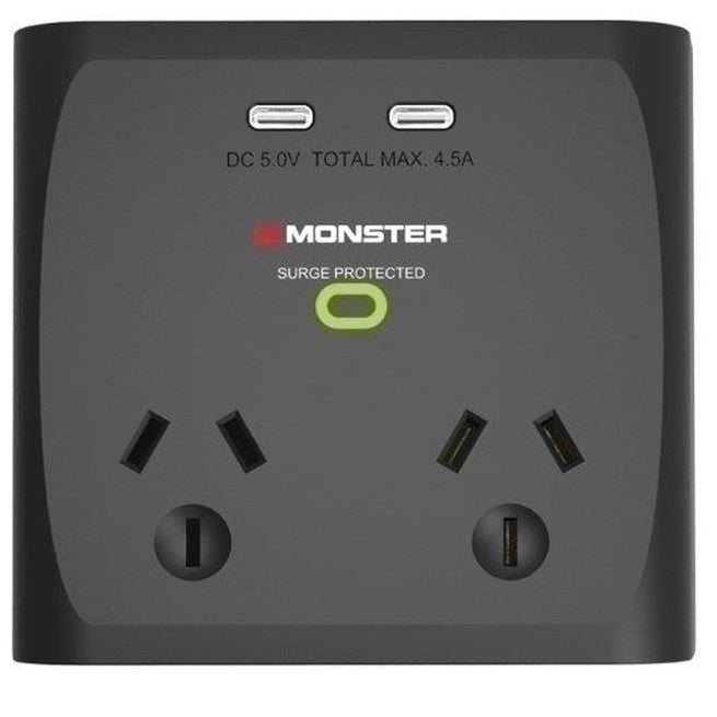 Monster Dual Socket Surge Protector with Dual USB-C Ports Black MT-FPDSU700B - SuperOffice