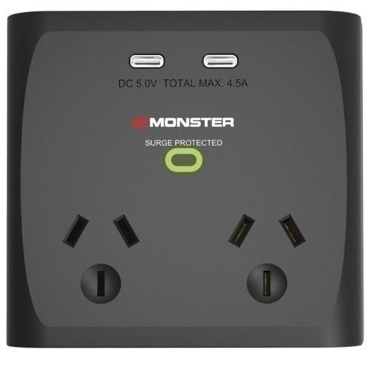 Monster Dual Socket Surge Protector with Dual USB-C Ports Black MT-FPDSU700B - SuperOffice