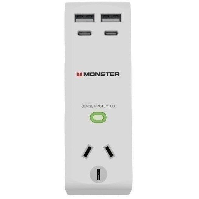 Monster Single Socket Surge Protector with USB-C & USB-A Ports White MT-FPSPU30WW - SuperOffice