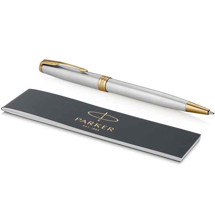 Parker Sonnet Stainless Steel Gold Trim Ballpoint Pen Medium Nib Gift Box Set 1931507 - SuperOffice