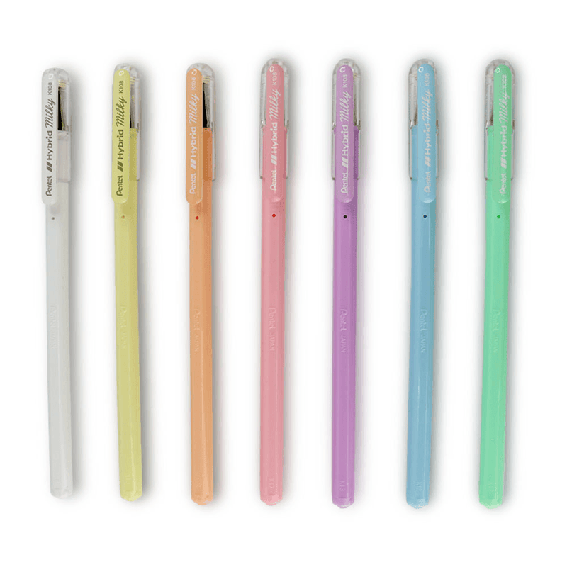 Pentel Hybrid Gel Grip Pens Roller Milky Pastel 0.8mm Wallet 7 Pack K108-7 - SuperOffice