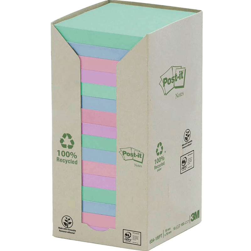 Post-It Notes Pastel Colours 76x76mm Square 16-Pack Pads 100% Recycled UU009543966 - SuperOffice