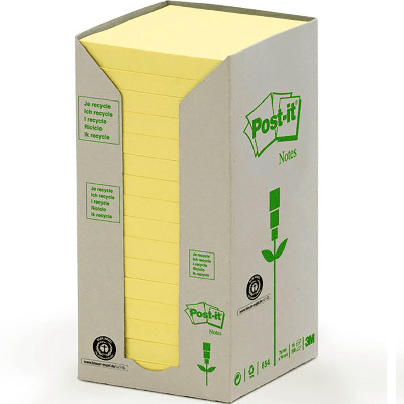 Post-It Notes Yellow 76x76mm Square 16-Pack Pads 100% Recycled UU009543958 - SuperOffice