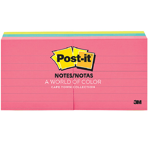 Post-It Ruled Lines Notes 73x73mm Capetown Assorted Colours Pack 6 Pads 70005249068 (1 Pack of 6 Pads) - SuperOffice