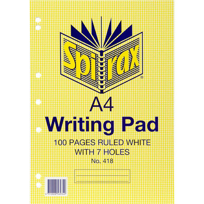 Spirax 418 Writing Pad 7 Holes 8Mm Ruled 100 Page A4 White 56418 - SuperOffice