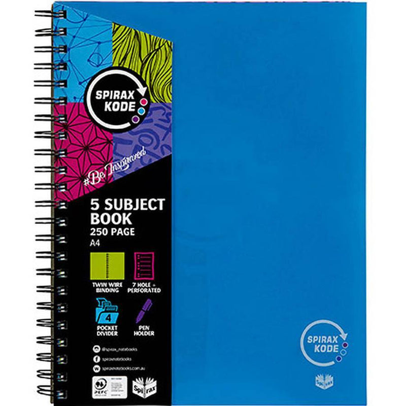 Spirax P960 Kode 5-Subject Notebook Spiral Bound 250 Page A4 Blue 56960B - SuperOffice