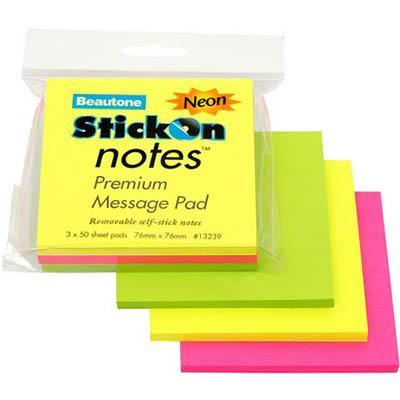 Stick On Notes 50 Sheets 76 X 76Mm Neon Assorted Pack 3 100852309 - SuperOffice