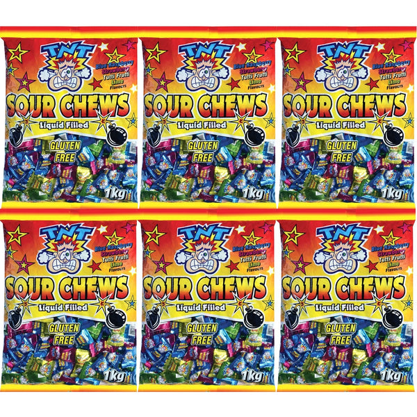 TNT Sour Chews Lollies Candy Liquid Filled Assorted Flavours 1kg Bag 6 Pack 689846 (6 Pack) - SuperOffice