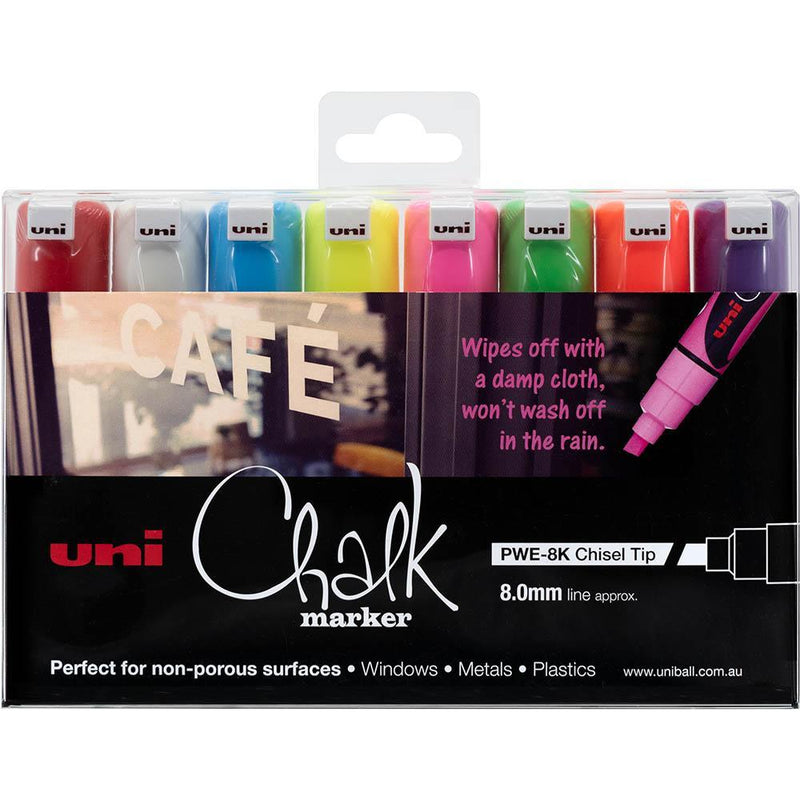 Uni-Ball Chalk Marker Chisel Tip 8mm Assorted Colours Pack 8 PWE8K8PASS - SuperOffice