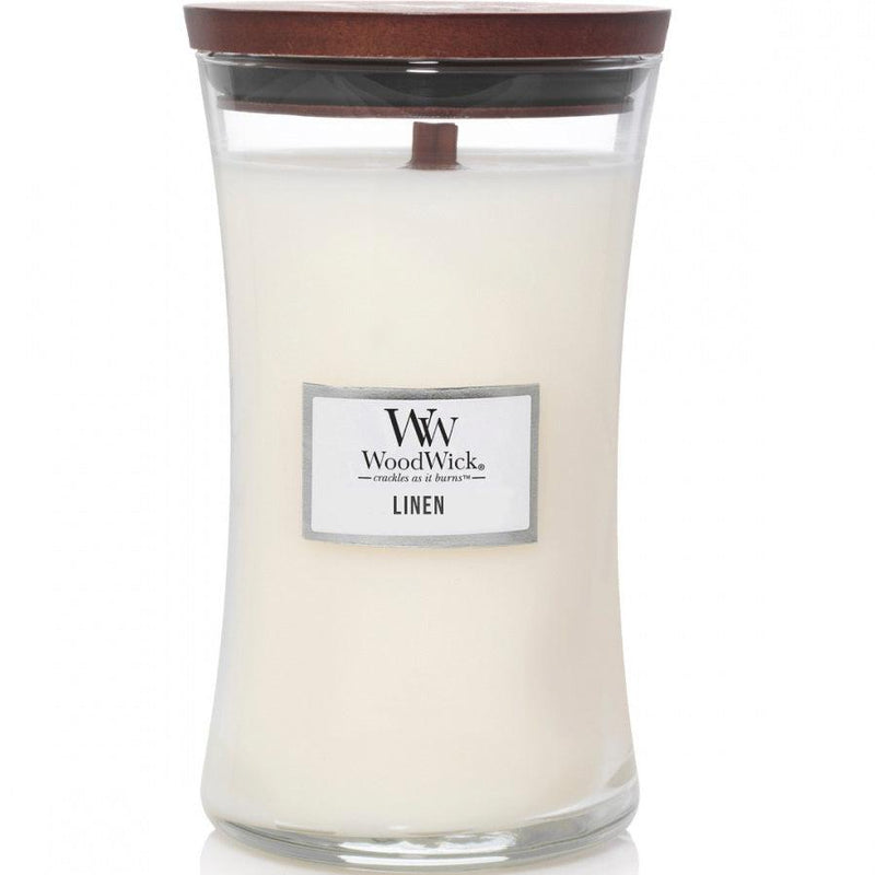 Woodwick Linen Large Candle Crackles As It Burns 610G Hourglass 93135 - SuperOffice