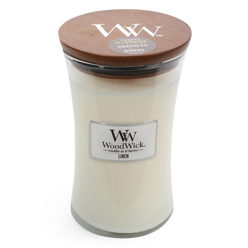 Woodwick Linen Large Candle Crackles As It Burns 610G Hourglass 93135 - SuperOffice